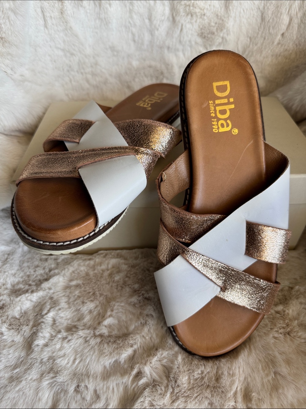 Diba Leather Rose Gold Metallic & White Crisscross Slide Sandals